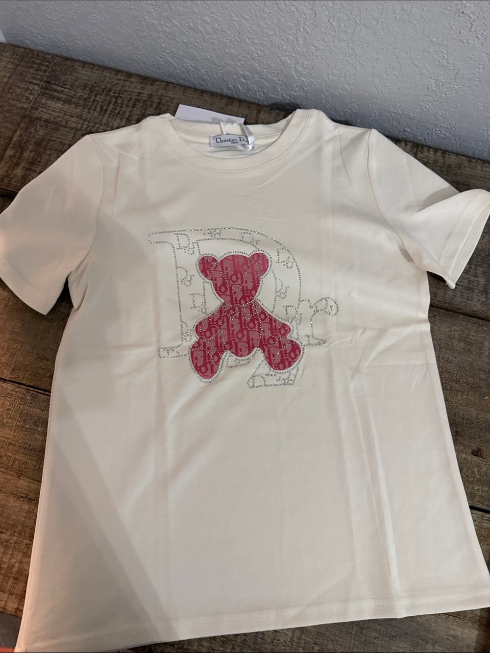 Inspired CD Cream Short-Sleeve Tee Top with Pink Teddy Motif